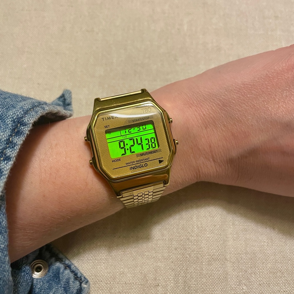 Timex T80 Gold Digital Watch | Retro Indiglo | Adjustable Bracelet